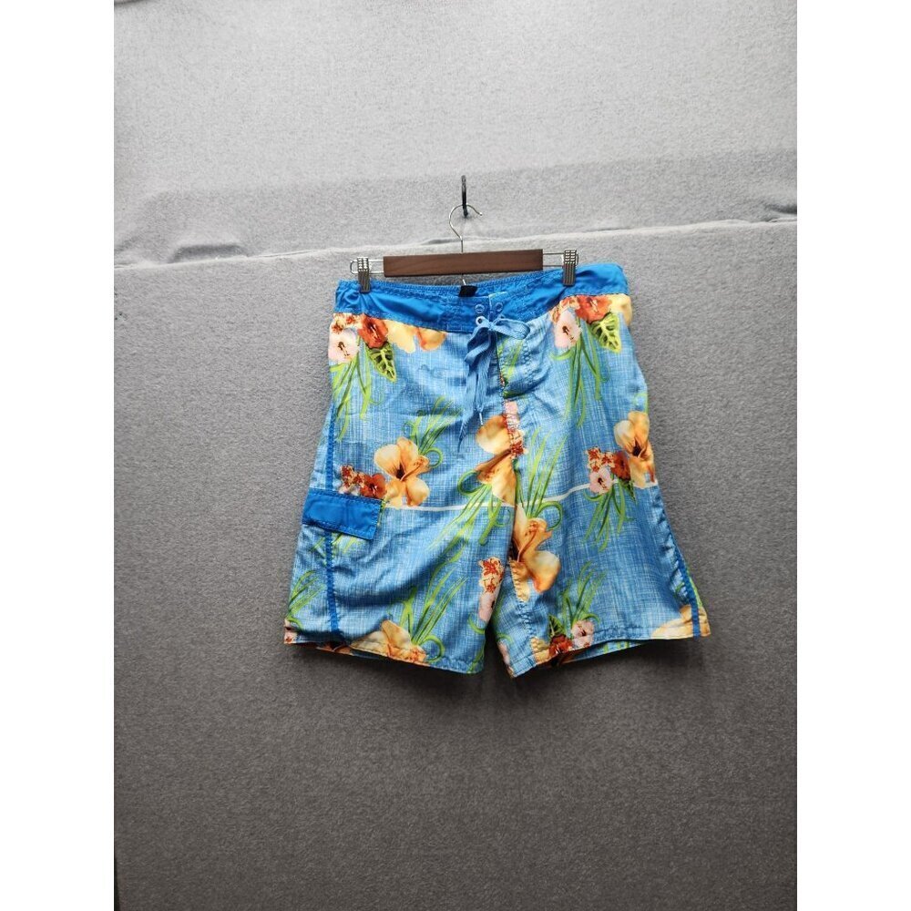 Mens OP Blue Hawaiian Floral Swim Trunks M (32-34) Polyester Lightweight